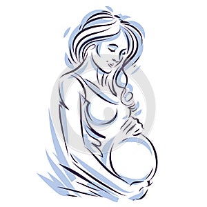 Attractive pregnant woman body silhouette drawing. Vector illustration of mother-to-be fondles her belly. Happiness and caress co