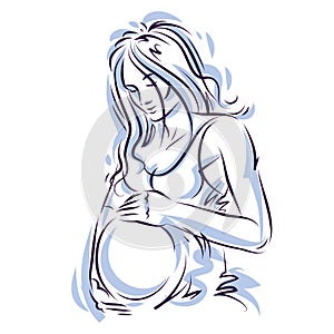 Attractive pregnant woman body silhouette drawing. Vector illustration of mother-to-be fondles her belly. Happiness and caress co