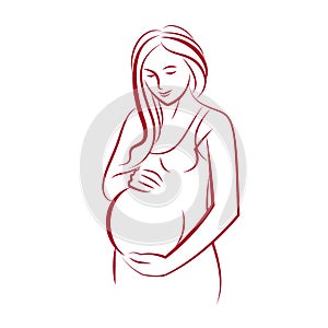 Attractive pregnant woman body silhouette drawing. Vector illustration of mother-to-be fondles her belly. Happiness and caress co