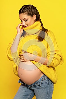 Attractive pregnant woman with braids posing in warm sweater