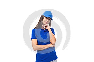 attractive pretty young caucasian brunette advertiser woman dressed in clean blue t-shirt and cap with print mockup