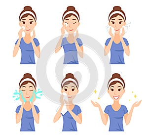 Attractive pretty young woman dressed in casual t-shirt remove make-up, clean, wash up and care her face with sponge.