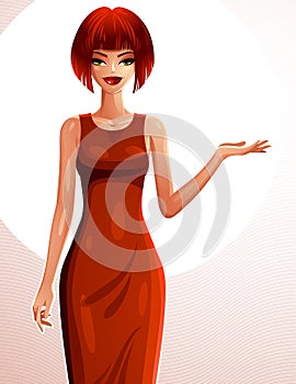 Attractive red-haired standing girl showing at empty copy space