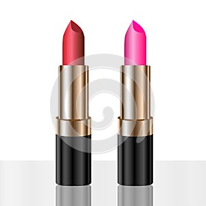 Attractive red and pink lipstick isolated on white background