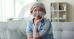 Attractive retired woman resting on couch smiling staring at camera