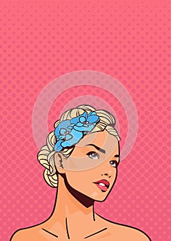 Attractive Sensual Girl Looking Up Elegant Portrait Of Blonde Woman On Pinup Retro Background