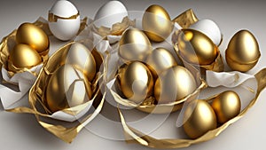 Attractive shiny golden eggs background, close-up shots, rich concept, vitality Generative AI