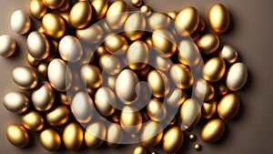 Attractive shiny golden eggs background, close-up shots, rich concept, vitality Generative AI