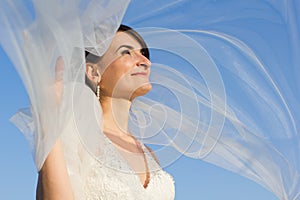 Attractive Smiling Bride with Flying Veil