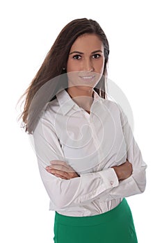 Attractive smiling business woman isolated over white wearing blouse