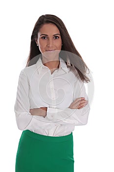 Attractive smiling business woman isolated over white wearing bluse