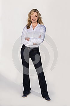 Attractive Smiling Middle Aged Woman Studio Portrait on White Background