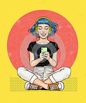 Attractive smiling woman in headphones with mobile phone in hand. Pop art woman holding smartphone.