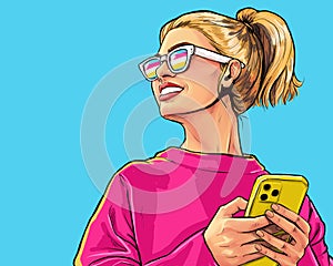 Attractive smiling young woman with mobile phone in hand. Wow girls looking forward in comic style .