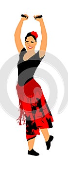 Attractive Spanish girl flamenco dancer . Hispanic woman with castanets in hot dance. Traditional Spain folklore