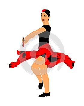 Attractive Spanish girl flamenco dancer illustration. Hispanic woman with castanets in hot dance.
