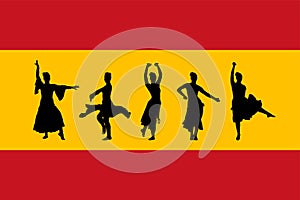 Attractive Spanish girl flamenco dancer vector silhouette illustration over Spain flag.