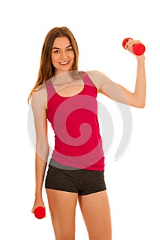 Attractive sporty woman studio portrait of active fit fitness gi