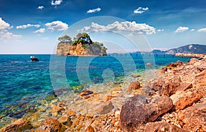 Attractive spring view of Cameo Island. Sunny morning scene of Port Sostis, Zakinthos island, Greece