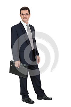 Attractive successful adult business man in black suit isolated