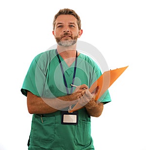 attractive and successful physician man posing confident for hospital staff corporate portrait  in green medical uniform isolated