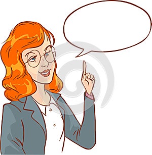 Attractive successful woman speaking with speech bubble.