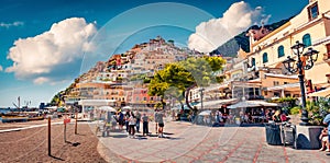 Attractive summer cityscape of cliffside village on southern Italy`s Amalfi Coast - Positano.