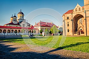 Attractive summer view of Coronation Orthodox Cathedral in Fortress Of Alba Iulia. Picturesque evening scene of Transylvania, Iuli