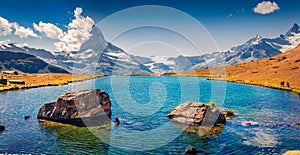 Attractive summer view of Stellisee lake. Great outdoor scene with Matterhorn