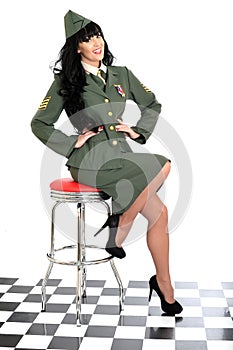 Attractive Supportive Charitable Young Vintage Pin Up Model In Military Uniform