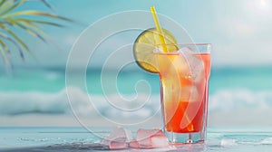attractive tasty cool lemonade with lime and ice stands on the bar counter of a coastal cafe overlooking the ocean and sea waves