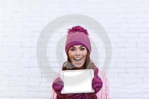 Attractive Teenage Girl Show Tablet Computer Screen With Empty Copy Space