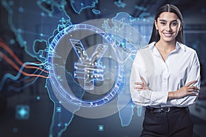 Attractive thoughtful young european business woman using abstract glowing map and yen sign hologram on blurry office interior