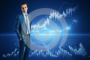 Attractive thoughtful young european businessman with creative candlestick forex chart or graph on blue background. Financial