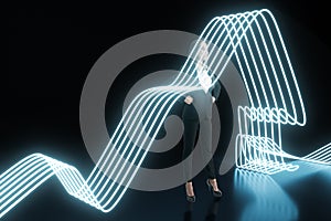 Attractive thoughtful young european woman standing under abstract glowing stripy wave on black background. AI, metaverse, future