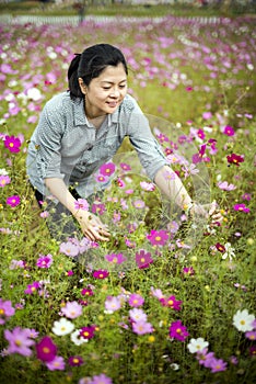 Attractive trendy mum pick flowers at open park.