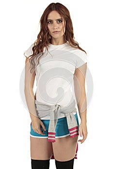 Attractive vintage style sports fashion girl with a white blank t-shirt