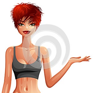 Attractive white-skin woman in sportswear. Colorful drawing of c