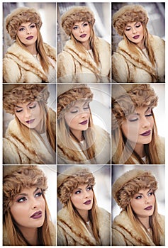 Attractive woman with brown fur cap and jacket enjoying the winter. Side view of fashionable blonde girl posing against bridge