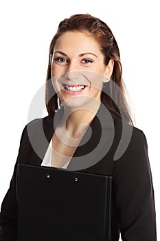 Attractive woman with clipboard closeup