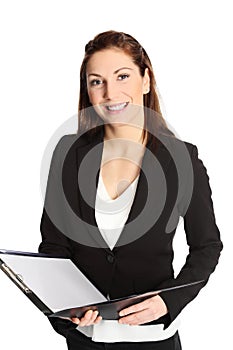 Attractive woman with clipboard closeup