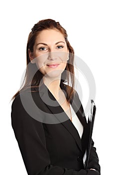 Attractive woman with clipboard closeup