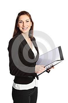 Attractive woman with clipboard closeup