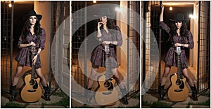 Attractive woman with country look, indoors shot, american country style. Girl with black cowboy hat and guitar