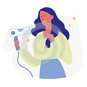 Attractive Woman Drying Hair Flat Illustration