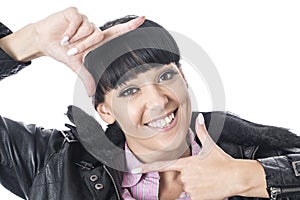 Attractive Woman Framing her Face With Her Hands Smiling
