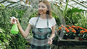 Attractive woman gardener in apron watering plants and flowers with garden sprayer in greenhouse