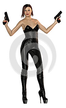 Attractive woman girl, armed with guns, futuristic black suit, high heel boots, black hairs, 3d illustration