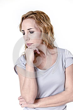 Attractive woman on her thirties sad and depressed in sorrow pain and depression