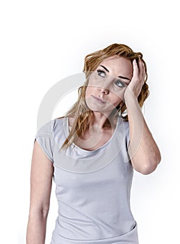 Attractive woman on her thirties sad and depressed in sorrow pain and depression